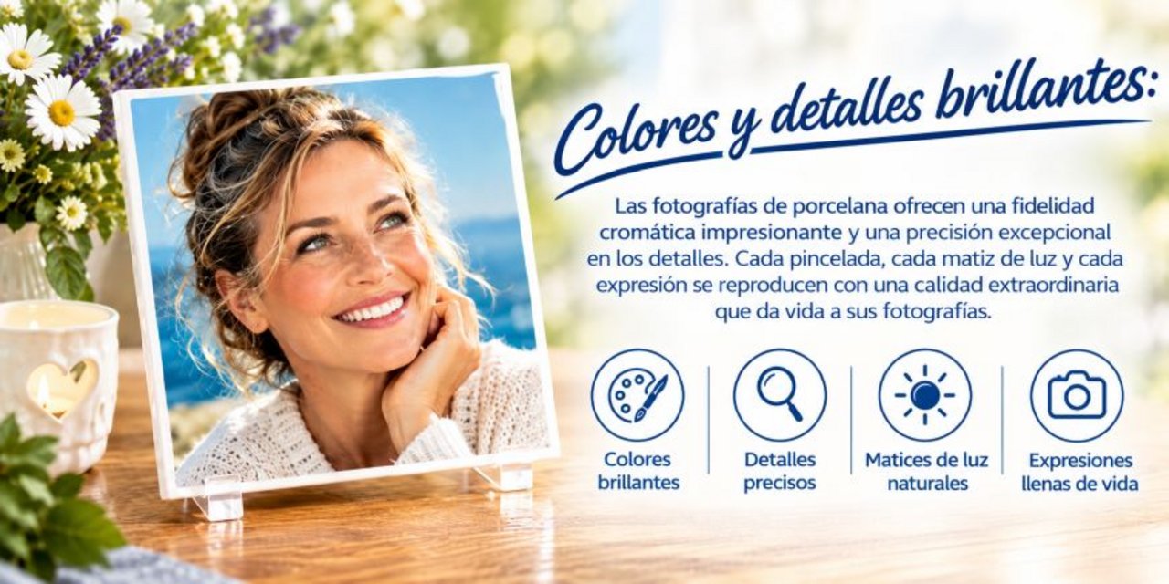 Foto de porcelana con el retrato de una persona colocada sobre un soporte transparente en una mesa de madera. A la derecha aparece el título «Colores y detalles brillantes» junto con un texto que destaca la fidelidad cromática y la precisión de los detalles de las fotografías en porcelana. Cuatro iconos representan las principales características: colores brillantes, detalles precisos, matices de luz naturales y expresiones llenas de vida. En el fondo se observan flores blancas y una vela decorativa que crean un ambiente luminoso y elegante.