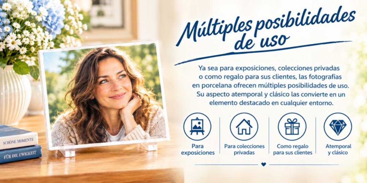 Banner publicitario de fotografías de porcelana. A la izquierda, un retrato sobre porcelana brillante, acompañado de flores y libros. A la derecha, el título «Múltiples posibilidades de uso» destaca su uso en exposiciones, colecciones privadas y regalos para clientes. Diseño elegante en tonos crema, beige y azul oscuro.