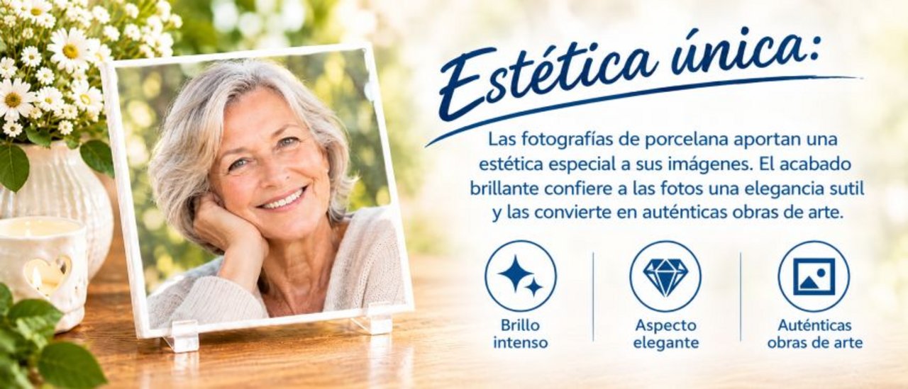 Foto de porcelana con el retrato de una persona colocada sobre un soporte transparente en una mesa de madera. A la derecha aparece el título «Estética única» y un texto que destaca el valor artístico de las fotografías en porcelana. El acabado brillante aporta una elegancia especial a la imagen y la convierte en una auténtica obra de arte. Tres iconos resaltan las principales características: brillo intenso, aspecto elegante y auténticas obras de arte. El entorno incluye flores blancas y una vela decorativa que crean una presentación armoniosa y refinada.